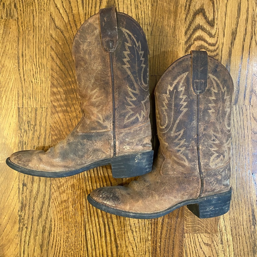 Old West 1109 size 1.0-D Boys Girls Distressed Brown Leather Cowboy Boots